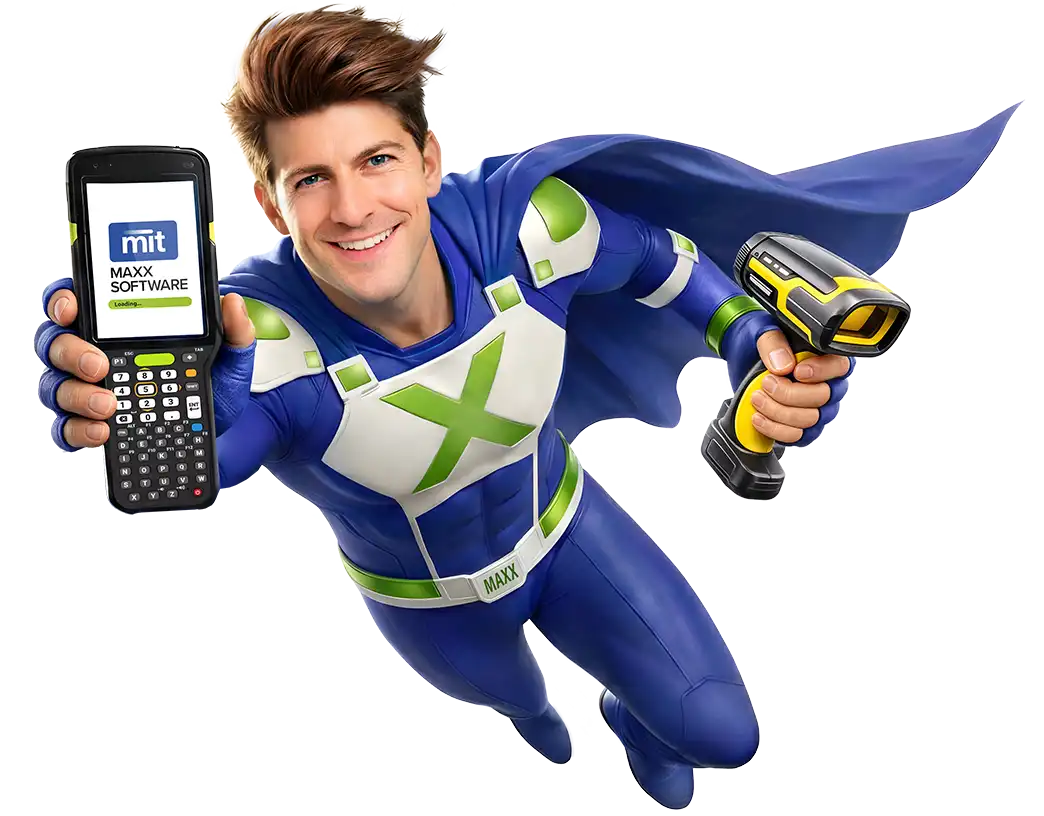 WAREHOUSE MAXX Lagerverwaltungssoftware – M.I.T. Maxx Software Maskottchen mit Barcode-Scanner